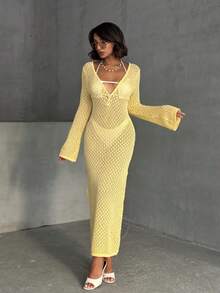 Vacation Beach Solid Color Hollow Out Knit Cover Up Dress - Yellow - View 7