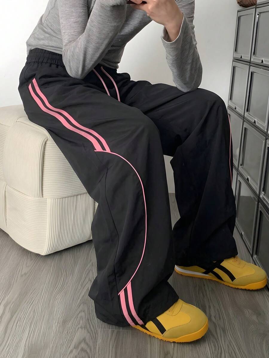 Pantalones anchos y sueltos de estilo retro americano en blanco y negro para primavera, verano y otoño, con diseño de rayas laterales en contraste, cintura con cordón y bolsillos, atuendo ideal para salidas de verano del Día de la Madre - 0A89 Negro y rosa - Ver 1