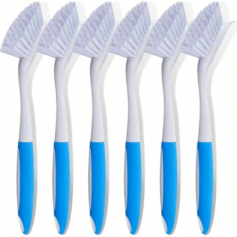6 piezas Cepillos de fregado de cocina azules a granel con mango de 11 pulgadas, cepillos de fregado para lavar platos con cerdas rígidas, para limpiar ollas, sartenes y fregadero de cocina - Azul + 6 - Ver 1