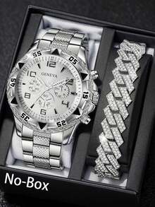 2 Pieces/Set Men's Business Fashion Watch Set, Three-Eye Large Dial, Silver Strap, Fashionable Cuban Bracelet Full Of Silver Diamonds, No Delivery Box - Silver - View 6