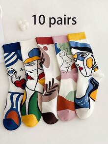1/2/5/10 Đôi tất cổ cao bằng cotton cho nữ, họa tiết trừu tượng đơn giản, thích hợp mặc hàng ngày, mùa thu - Nhiều màu - Xem 10