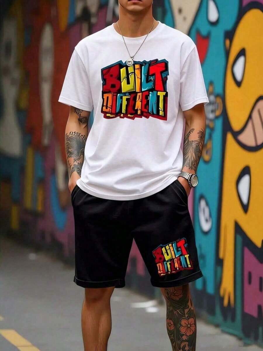 Men's 100% Cotton 2-Piece Outfit, "Built Different" Graffiti Graphic Short Sleeve T-Shirt & Drawstring Shorts Set, Casual Streetwear Tracksuit - 白色 - 查看 1