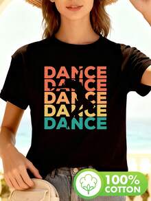 Silueta de baile patrón 100% impresión camiseta, manga corta cuello de tripulación top casual para verano y primavera, ropa de mujer - Negro - Ver 2