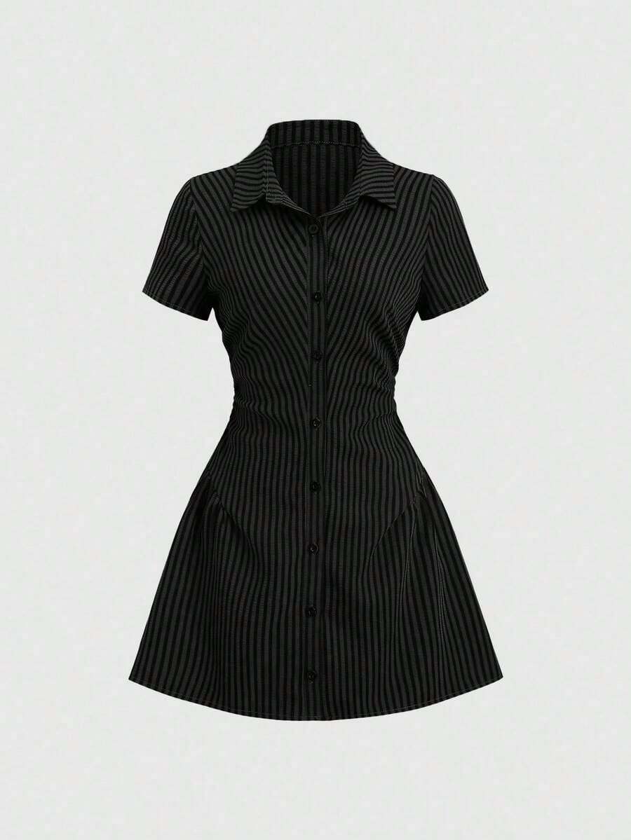 Vestido camisa de manga corta rosa dulce y fresco, diseño de cintura estilizadora, vestido camisero elegante para dama, nueva llegada de verano - Negro - Ver 1