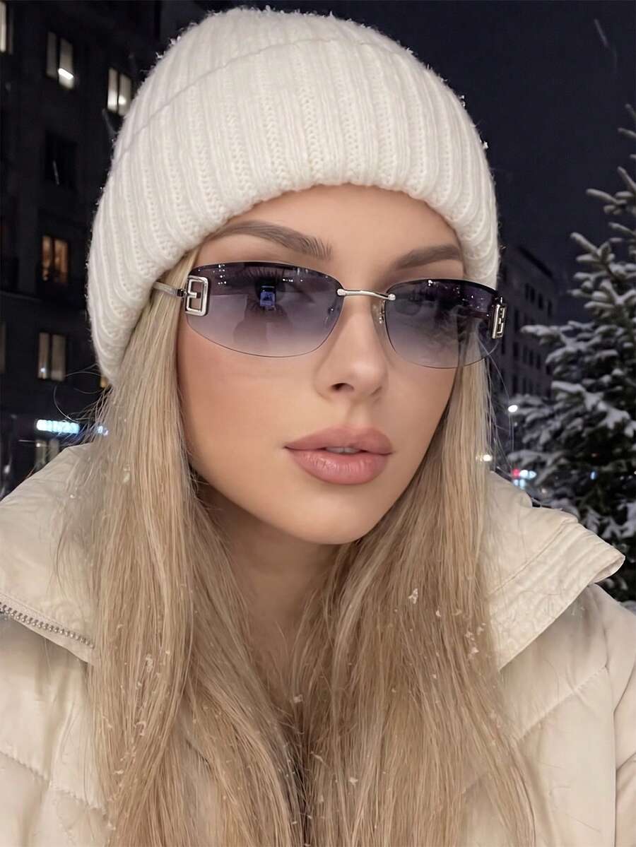 1 Pasang Kacamata Fashion Wanita Model Cat Eye Warna Perak dengan Bingkai Semi-Rimless dan Kaki Logam, Lensa Gradien Berongga, Gaya Jalanan Y2K - Bingkai perak, abu-abu ganda - View 1