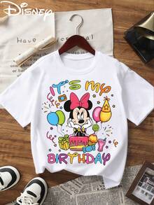 Disney Licensed Minnie Mouse "It's My Birthday" Print Kids' T-Shirt, Cute Cartoon Casual Tee, Perfect For Daily Wear, Birthday Parties, Family Gatherings And Weekend Trips, Shipped From Local Warehouse - trắng - Xem 4