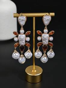 1 Pair Vintage Palace Style Cross Tassel Earrings, Baroque Faux Pearl Amber Crystal Earrings, Gold-Plated Elegant Women's Earrings, Party & Wedding Jewelry - Gold - View 5