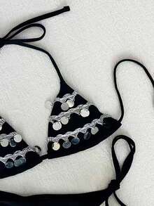 Conjunto de bikini sexy de unicolor para mujer con decoración de colgante de lentejuelas redondas y tirantes para los hombros, ideal para vacaciones de verano en la playa - Negro - Ver 7