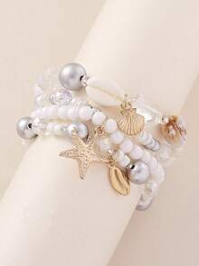 3pcs Bohemian Summer Beach Style Elegant Versatile Handmade Beaded Shell, Starfish Pendant, Layered, Elastic, Multi-Strand Beaded Bracelet Set, Suitable For Women, Beach, Bar, Large Gatherings, Parties, Perfect Gift For Friends And Family, All Seasons, Casual, Travel, Shopping, Photography, Commuting - Starfish - View 9