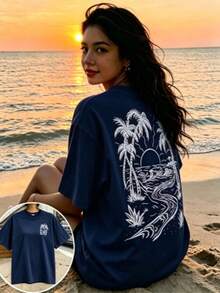 Plus Size Beach Sunset Print Short Sleeve T-Shirt, Casual Round Neck Top, Loose Fit Tee For Summer Vacations Navyblue - 藏青色 - 查看 11