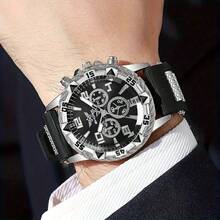 4PCS Men's White Silicone Strap Fashion Business Style Quartz Watch, Casual Watch Set For Men, Three-Eye Numeral Mixed Scale Dial+ Sliver Necklace Set, Suitable For Daily Decoration, An Important Gift For Men - Black - View 2