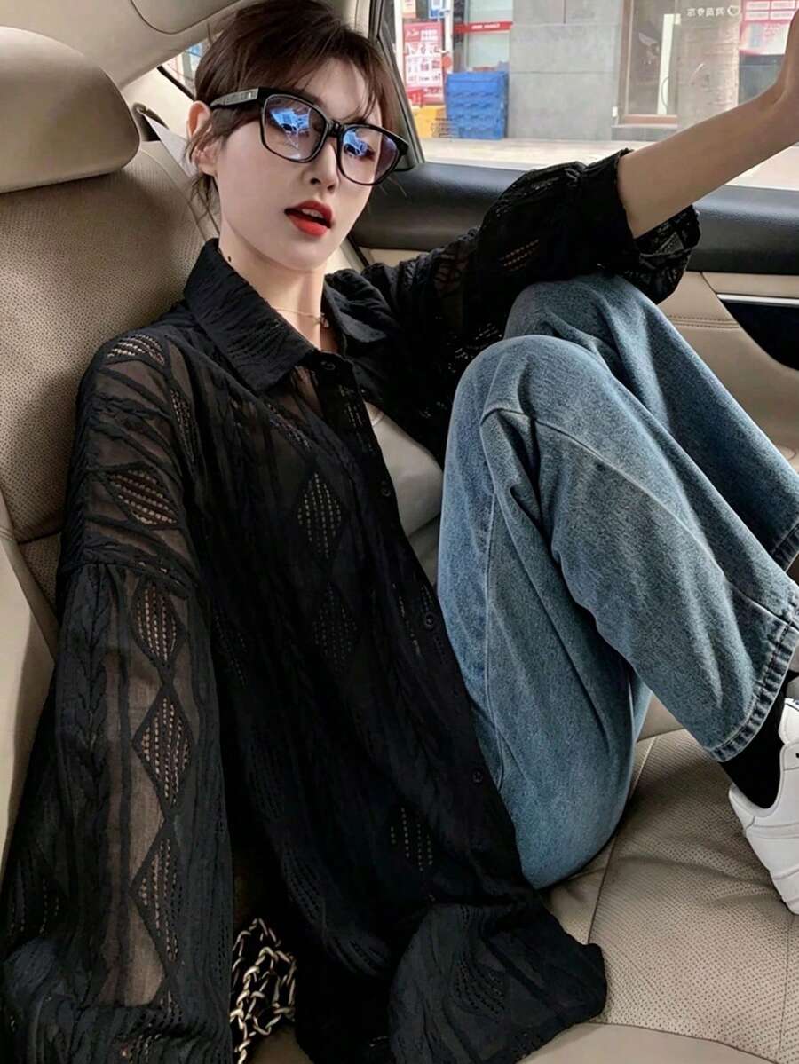 女款落肩休閒素色紋理襯衫黑色 - 黑色 - 查看 1