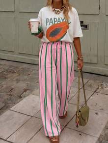Pantalones de Verano para Mujer, de Pierna Ancha, a Rayas Rosas, de Cintura Alta, Casuales, Holgados, Estilo Bohemio, de Pierna Recta, Largos - Rosa Verde - Ver 3