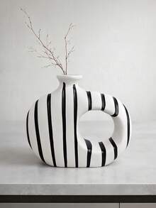 1 pieza Jarrón decorativo de estilo minimalista moderno con forma de rosquilla hueca a rayas blanco y negro mate negro, adecuado para flores secas, decoración de mesa de sala de estar - Medieval - Ver 8