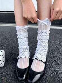 2pcs/Set Summer Korean Style Polka Dot Ankle Socks + White Lace Bow Leg Warmers, Thin Layered Ballet Ruffle Leg Warmers, Suitable For Y2K Daily/Date/School Outfits - Multicolor - View 3