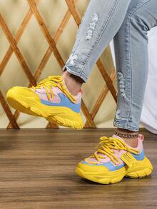 Dopamine Fashion 女款坡跟厚底運動鞋，多色網布拼接，街頭風厚底粗獷運動鞋，四季百搭時尚女鞋 - 粉紅藍黃 - 查看 4