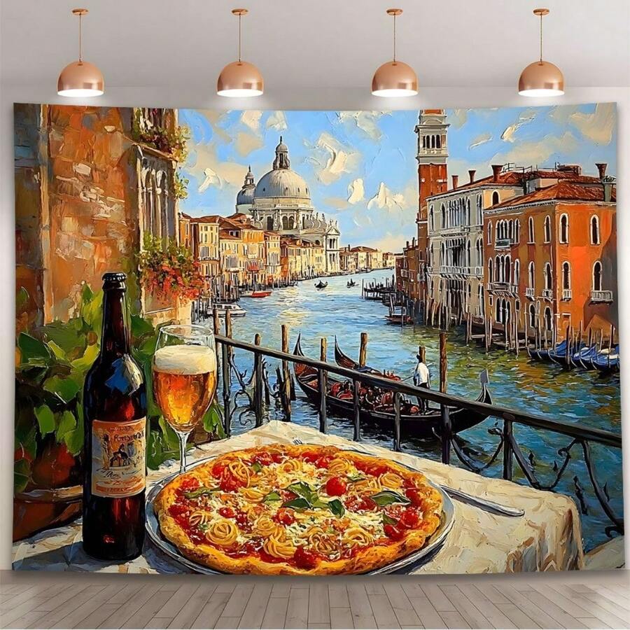 1 tấm phông nền chủ đề Venice, Ý với hình ảnh thuyền gondola, nhà thờ St. Mark và phong cách Ý, bền, không cần nguồn điện, dễ treo, phù hợp cho tiệc trong nhà/ngoài trời. - 2 - Xem 1