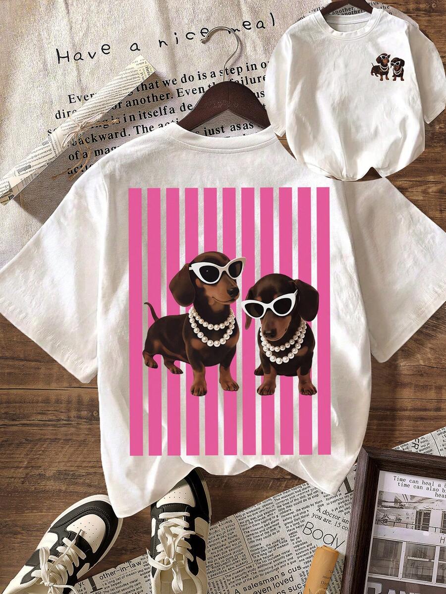 Áo thun nữ cổ tròn tay ngắn họa tiết chó Dachshund sọc hồng, kiểu dáng tối giản, thích hợp mặc mùa hè. - Nhiều màu - Xem 1