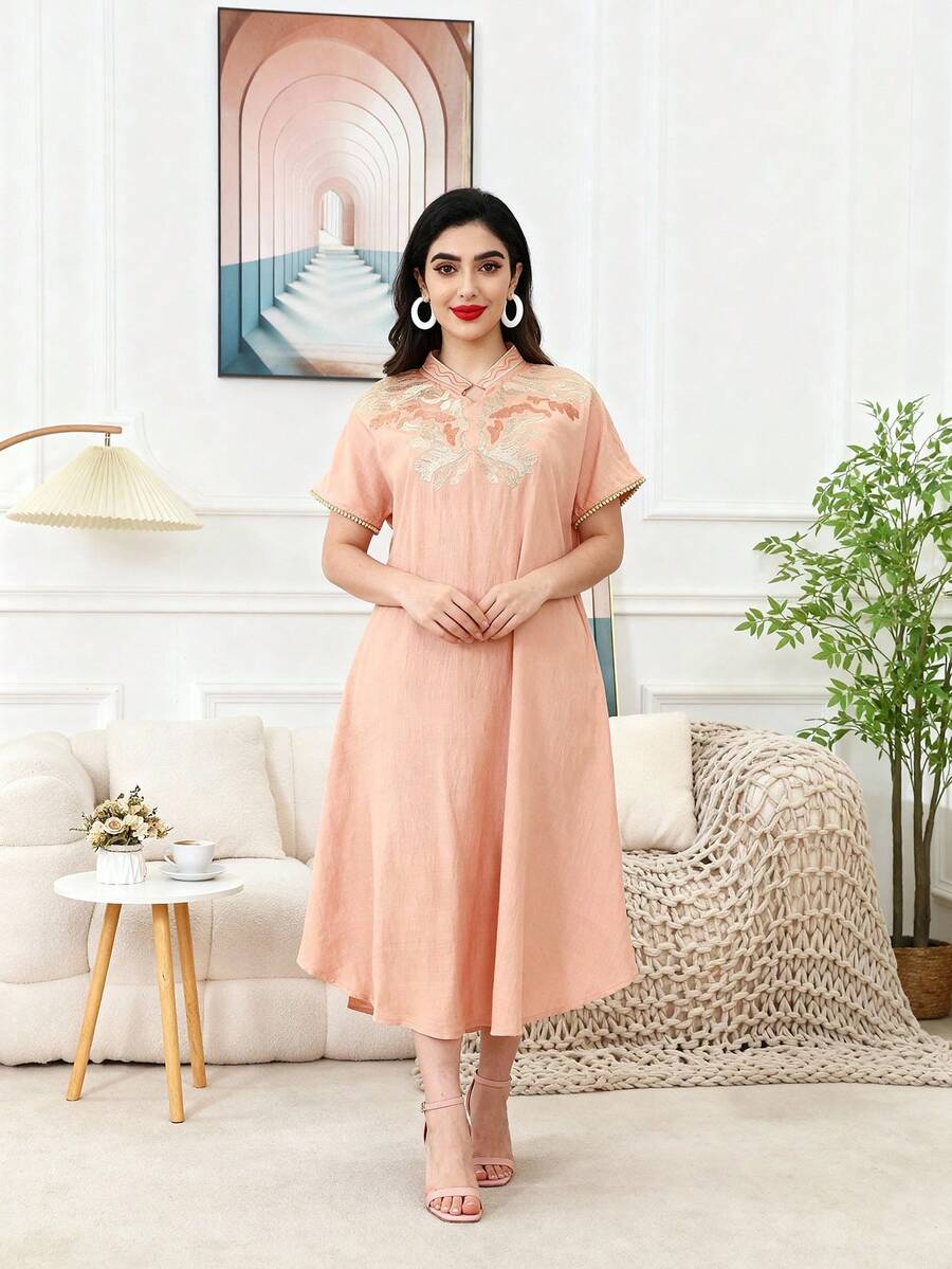 Heavy Embroidery Arabic Women's 2026 Summer Pink Elegant Saudi National Day Dress, JALABIYA Short Sleeve, Casual Travel Outfit