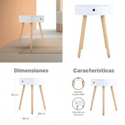 Buro para Recamara Redondo - Mesa de Noche Estilo Minimalista Moderno con Cajon Color