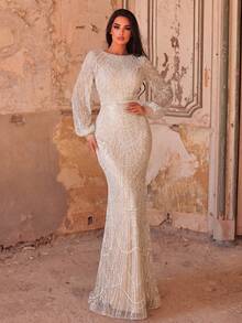 Faeriesty Đầm dạ hội dài tay dáng đuôi cá đính sequin thanh lịch dành cho nữ - Thêu đính pha lê tinh tế, chi tiết lấp lánh, dáng xòe ôm sát, phù hợp cho các sự kiện thảm đỏ, đám cưới sang trọng, dạ hội trang trọng và các buổi trình diễn thời trang mùa xuân. - Rượu sâm banh - Xem 3