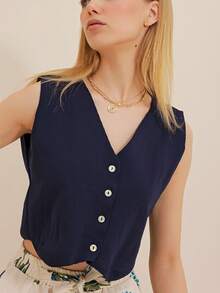 Women Navy Sleeveless Knit Top Designed For Elegant Everyday Styling And Refined Warm-Weather Looks. - Navy Blue - View 2