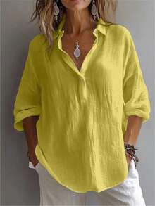 Women's Solid Color Casual Long Sleeve Petal Sleeve Shirt Collar Regular Top, Daily Wear Button Closure - Lime Green - View 2
