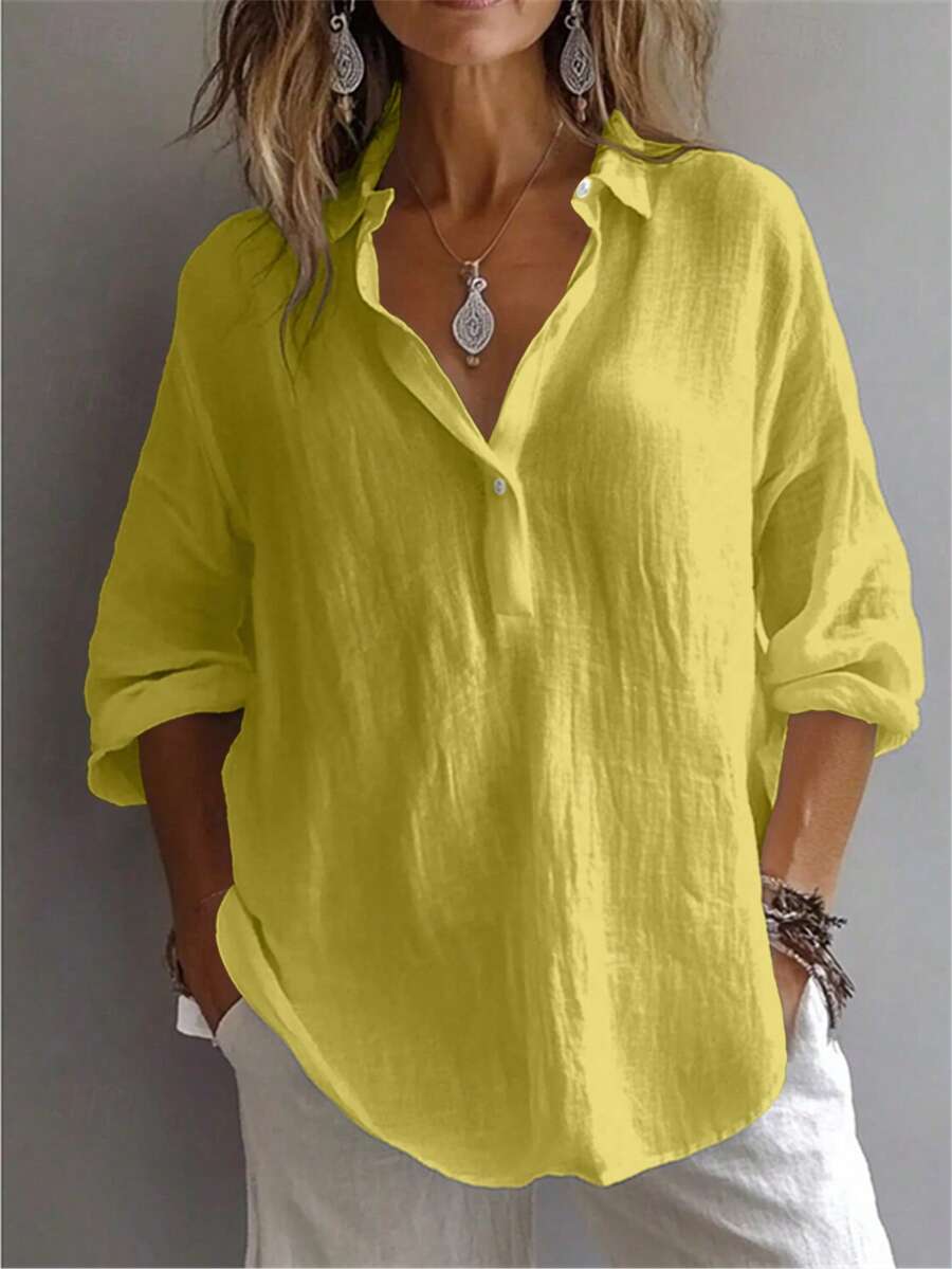 Women's Solid Color Casual Long Sleeve Petal Sleeve Shirt Collar Regular Top, Daily Wear Button Closure