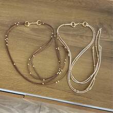 Long Gold-Tone Bridle Necklace With Small Beads, Country Western Cowgirl Boho Style, Women's Leather. - 米色 - 查看 3
