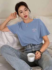 Camiseta con gráfico de letra - Azul - Ver 8