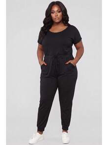 Women's Solid Color Casual Two-Way Shoulder Tie Waist Drawstring Short Sleeve Jumpsuit Scoop Neck Off Shoulder Jumpsuit For Women - Black - View 4
