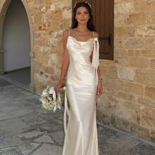 Wedding Guest & Summer Vacation Dress, Floral Embellishment Satin Maxi Gown For Beach Events - trắng - Xem 7