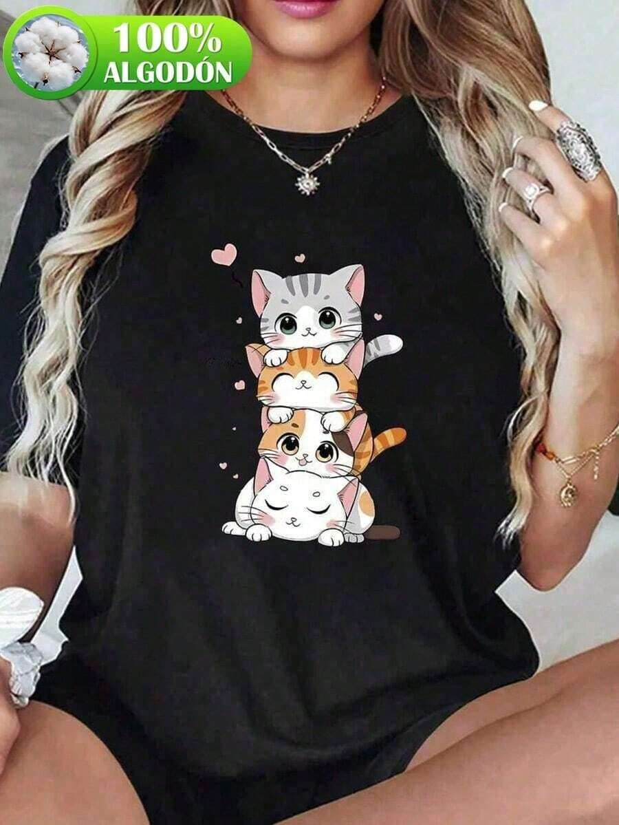 Corte holgado. Envío desde México Una camiseta de ambiente navideño para mujer, con estampado de gato de anime, cuello redondo, casual, de tela cómoda, adecuada para todas las estaciones y uso diario. Corte holgado. Envío desde México - Negro - Ver 1