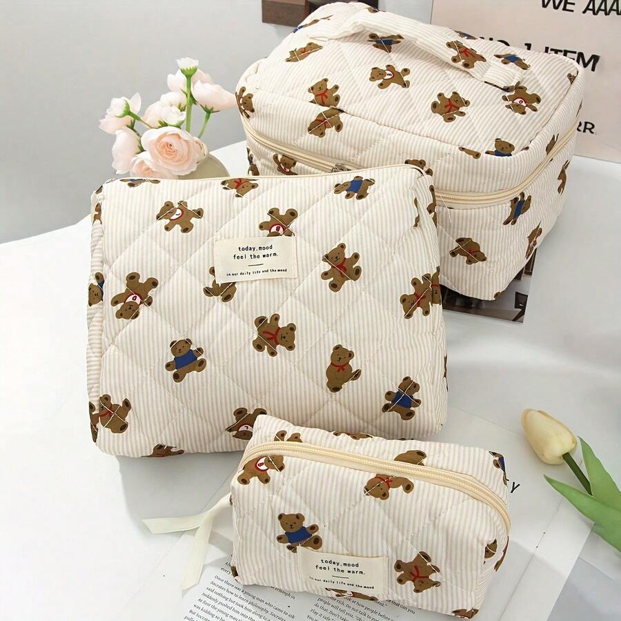 1pc Beige Striped Cute Bear Decor Zipper Multifunctional Cosmetic Bag, Can Be Used To Store Cosmetics, Toiletries, Hand Creams, Lip Balms, Nail Polish, Phones, Earphones, Sanitary Pads, Coins And Small Items - Multicolor - View 1