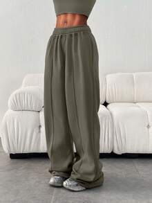 Pantalones de chándal sueltos y casuales de unicolor con cordón y bolsillos para mujer, para invierno - Caqui - Ver 6