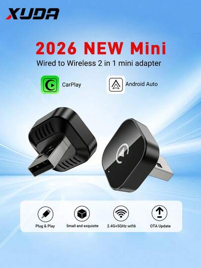  XUDA 2026 New 2-In-1 Wireless CarPlay/Android Auto Super Mini Adapter - 2.4-5.0 GHz WiFi 5 Carplay Converter, Wired To Wireless, Fast Auto-Connect, No Latency, Compact Design, Compatible With IPhone & Android, With USB/USB-C Port, No Battery
