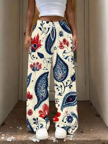 Women's Straight Leg Trousers Floral Paisley Blue Red White  Fashionable Color Print, Elastic High Waist Drawstring Loose Straight Leg Full Length Streetwear Loungewear - 混合色 - 查看 2