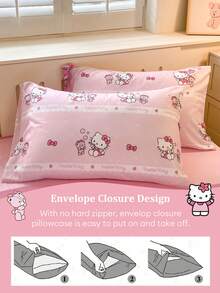 SANRIO 三丽鸥可爱印花三件套床上用品 - Hello Kitty（1 个被套 + 2 个枕套，不含被芯），卡通全尺寸，柔软舒适，适合宿舍、家庭卧室、酒店，四季皆宜，带拉链和枕套，耐用多色，超大被套套装 - 粉色 - 查看 9