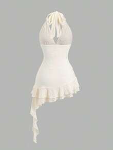 Spring & Summer Romantic Girl Knit Lace Twist-Tied Layered Ruffle Hem Crop Dress Casual Sweet Style - Màu be - Xem 2