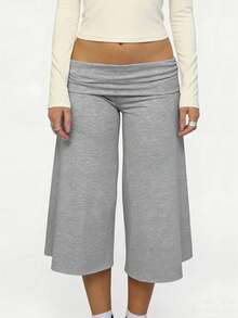 Women 's Fold Over Lounge Capris Wide Leg Low Rise Cropped Gaucho Pants Solid Color Flowy Pajama Bottom - Light Grey - View 1