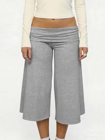 Women 's Fold Over Lounge Capris Wide Leg Low Rise Cropped Gaucho Pants Solid Color Flowy Pajama Bottom