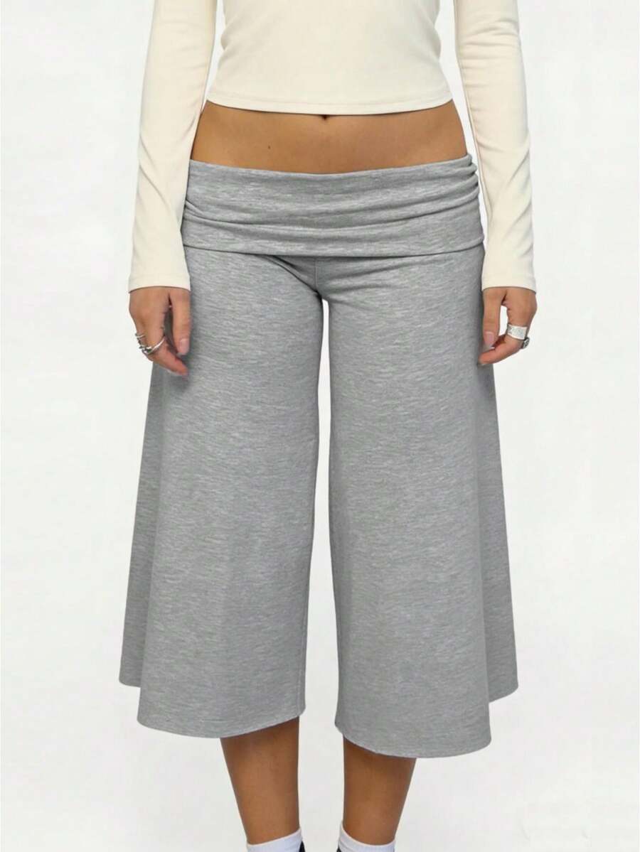Women 's Fold Over Lounge Capris Wide Leg Low Rise Cropped Gaucho Pants Solid Color Flowy Pajama Bottom - Light Grey - View 1