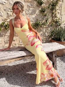 Đầm ren hoa thanh lịch, lãng mạn, gợi cảm, thích hợp cho kỳ nghỉ, hẹn hò, mùa hè, đầm dài sang trọng cho nữ, trang phục đi nghỉ hè, đầm hoa. - Vàng nhạt - Xem 4