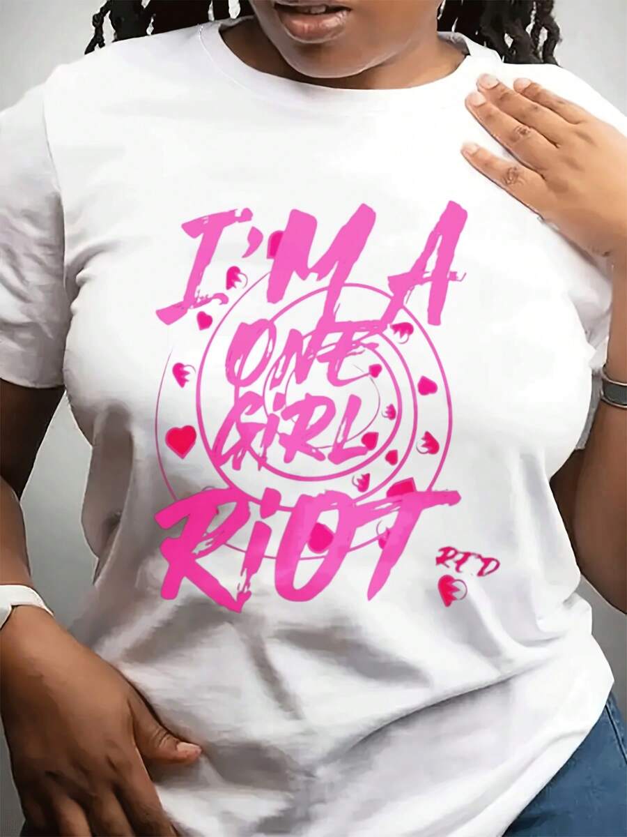New Fashion Women's Casual Crew Neck T-Shirt | Pink Letter Heart Pattern Street Style, Perfect Gift For Family And Friends, Lightweight Stretch Fabric, All Season Wear - 白色 - 查看 1