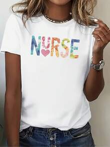 Women's Nurse T-Shirt - Heart Pattern Nursing Top With Bold Nurse Lettering, Lightweight Work Shirt For Nurses Day, Graduation Gift - 白色 - 查看 1
