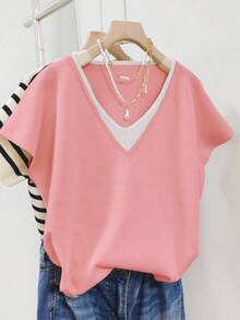 Top de punto 2 en 1 con cuello en V rosa, suéter de punto de manga corta tipo murciélago de longitud regular, adecuado para mujeres de talla grande, conjunto de primavera y verano con elasticidad media - Rosa - Ver 2