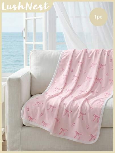 1pc Pink Striped Bow Digital Printed Polyester Plain Blue Cooling Blanket, Comfortable And Breathable, Suitable For Summer, Used For Bedrooms And Sofas, Minimalist Bedding, Spring And Summer .
