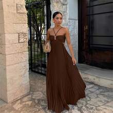 Women's Pleated Halter Neck Maxi Dress, Crisscross Straps Cutout Waist Evening Gown - 湖藍色 - 查看 3