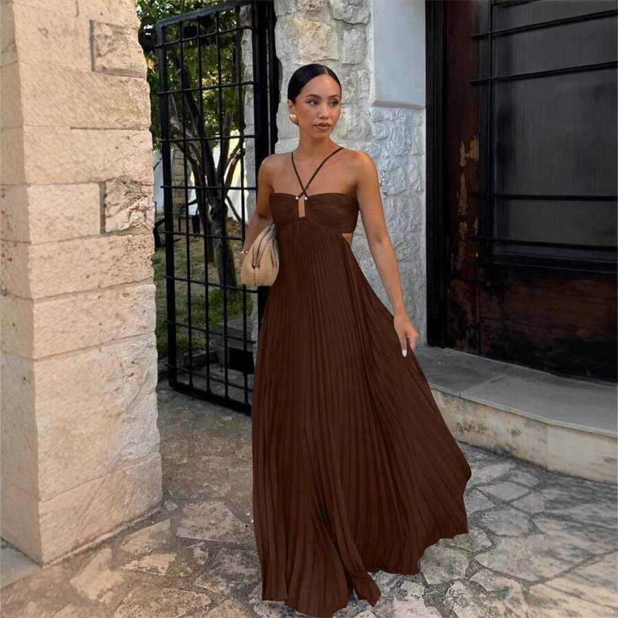 Women's Pleated Halter Neck Maxi Dress, Crisscross Straps Cutout Waist Evening Gown - 咖啡 - 查看 1