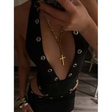 Conjunto de moda para mujer: Body halter sexy con cuello en V y anillo metálico, falda corta y top corto sin tirantes con abe... - traje negro - Ver 6